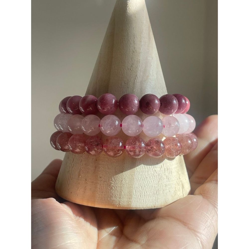 Love Crystal Bracelet 8mm Stack (pink rhodonite, rose, strawberry quartz)